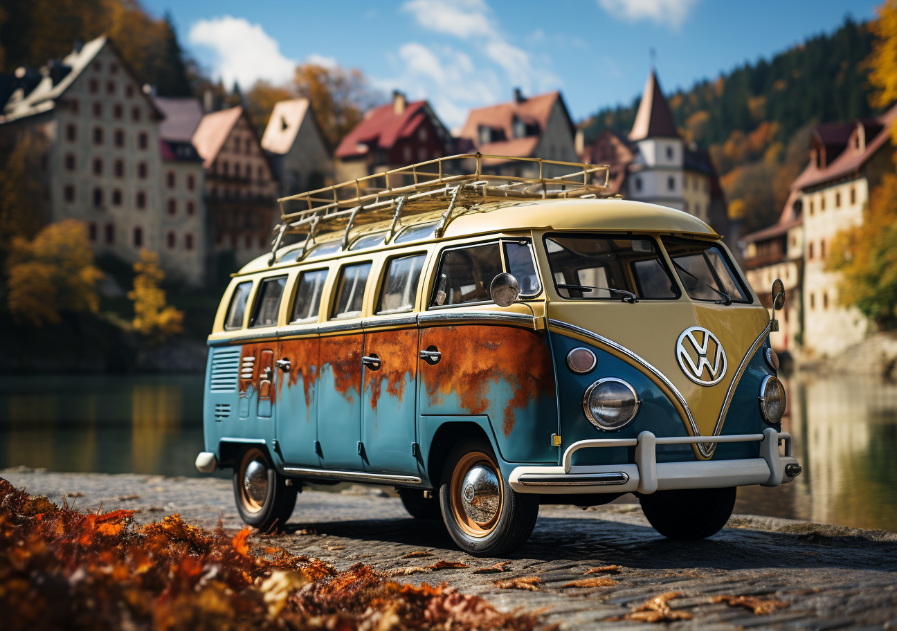 Vibrant VW Bus Parked in Front of Desaturated Houses