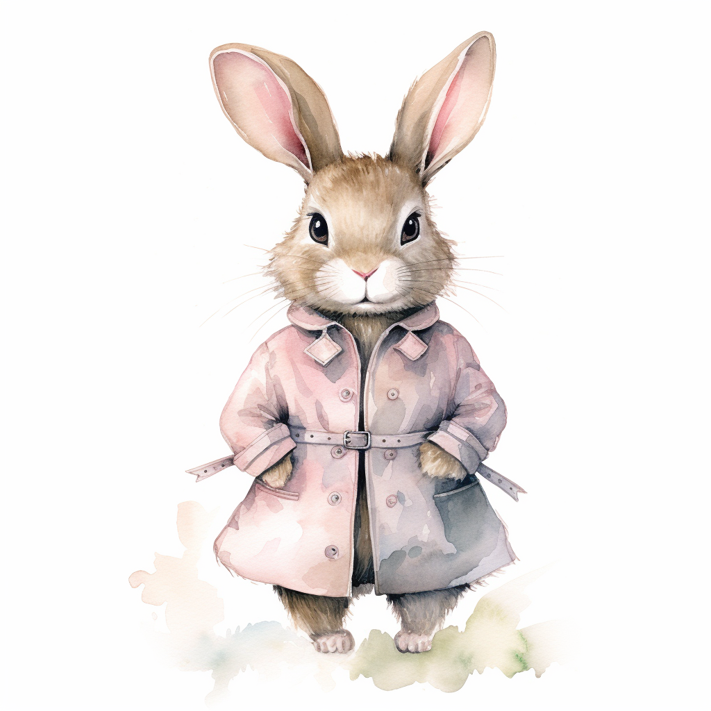 Watercolor bunny with drawn coat on white background