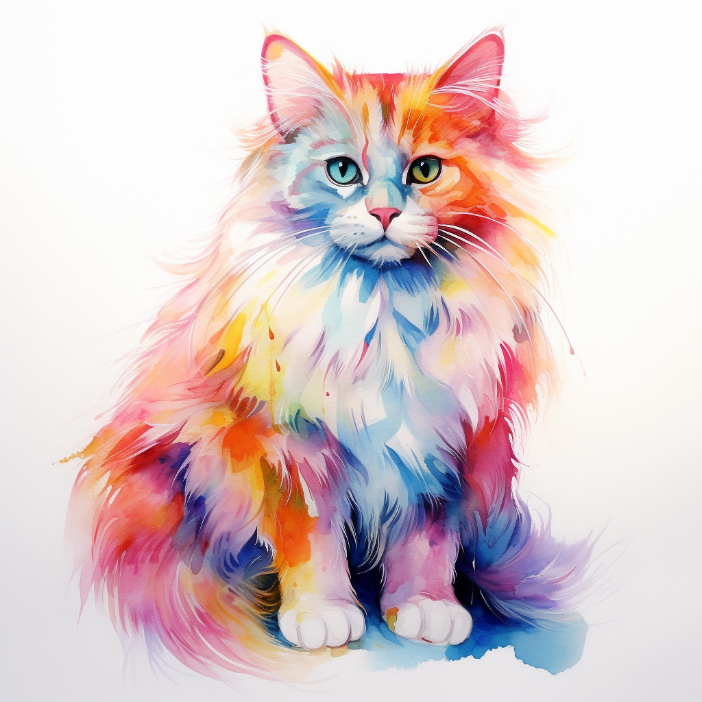 Colorful cat in watercolor drawing