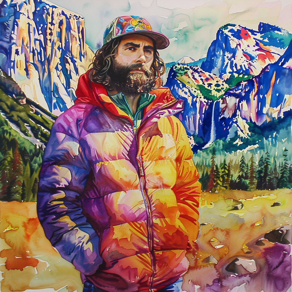 Colorful watercolor painting man Yosemite mountains