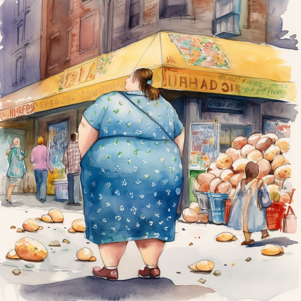 Obese woman walking in NYC with colorful watercolor sketch