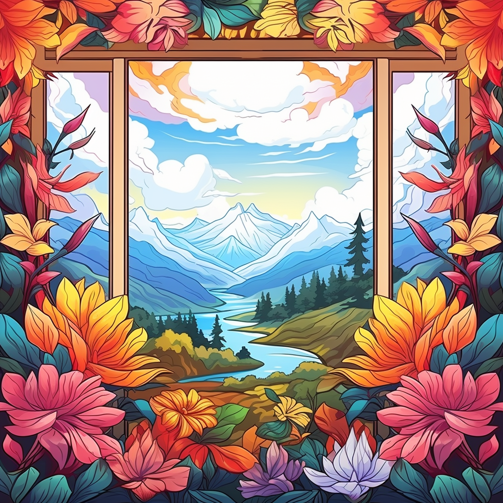 Colorful nature scenery with window view