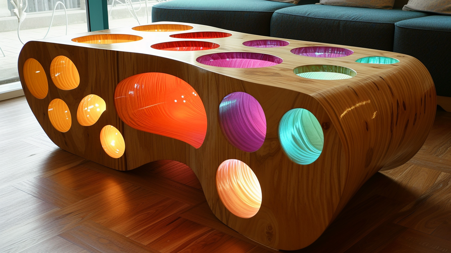 Colorful wooden coffee table with resin fillings