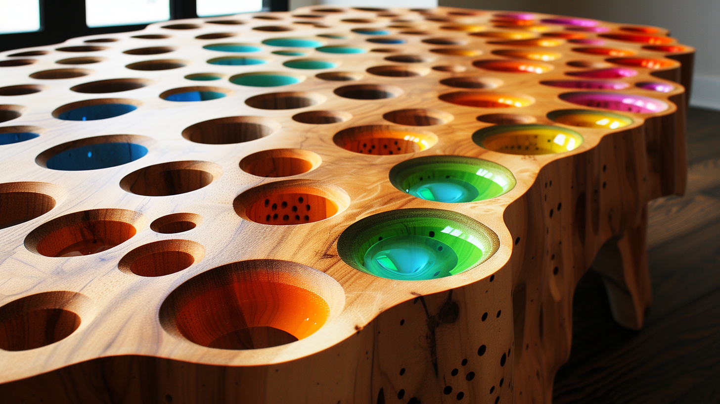 Colorful wooden coffee table with holes