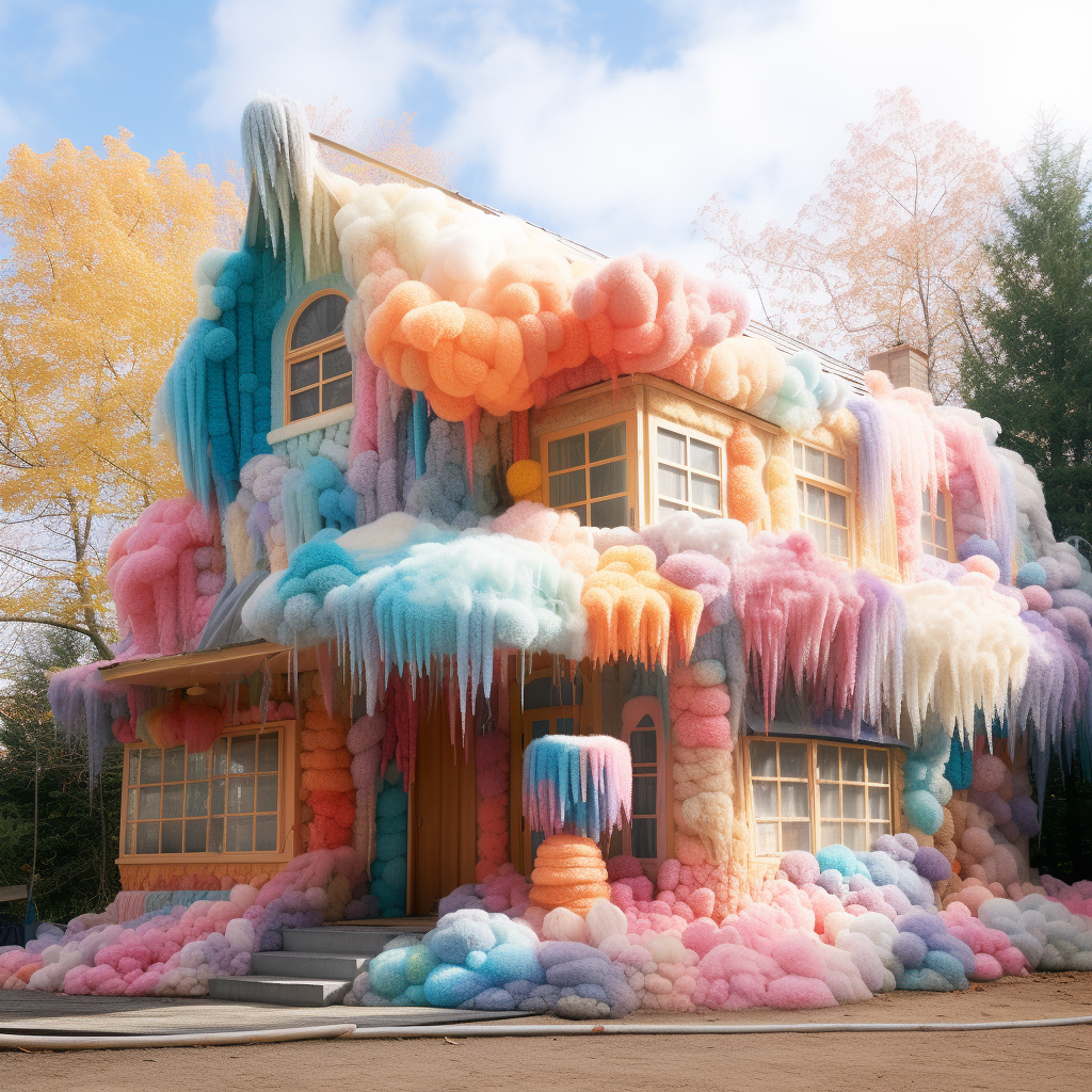 House made of colorful yarn in cotton candy forest