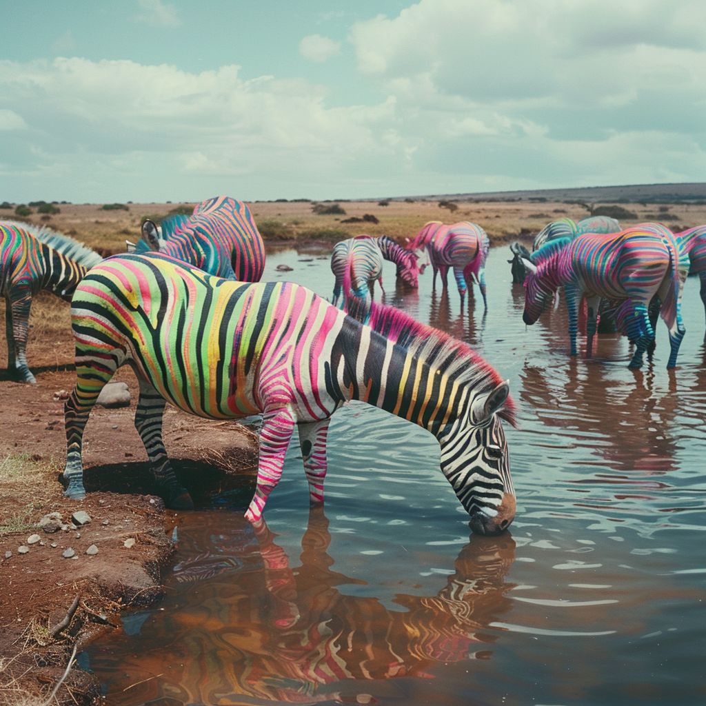 Colorful zebras by lake