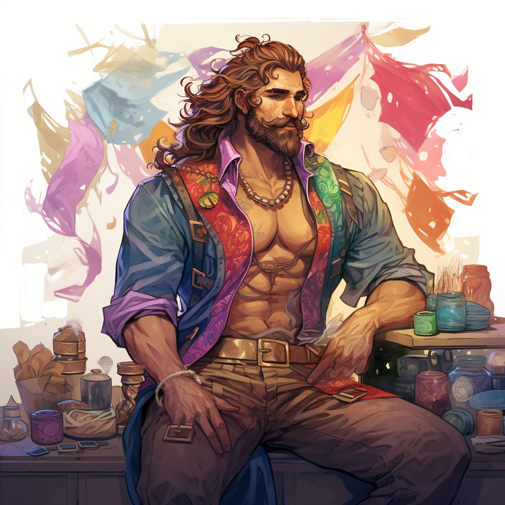 Muscular tailor in colorful clothes