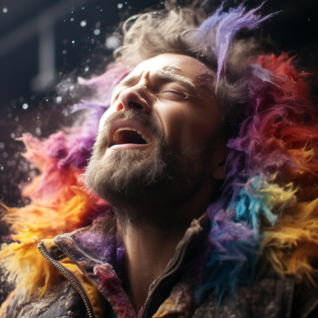 Man sneezing out vibrant rainbows