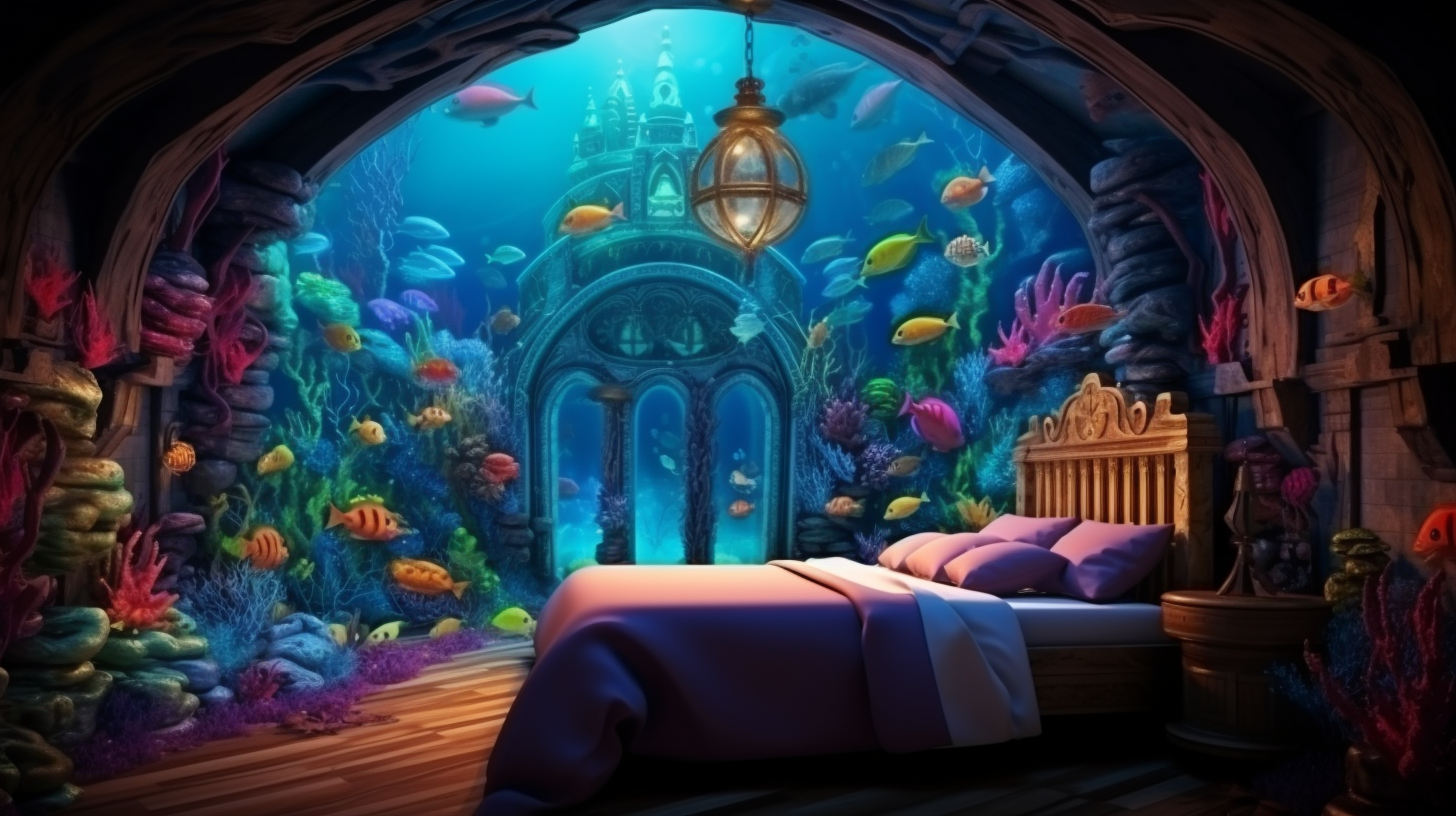 Colorful bedroom in underwater castle illustration