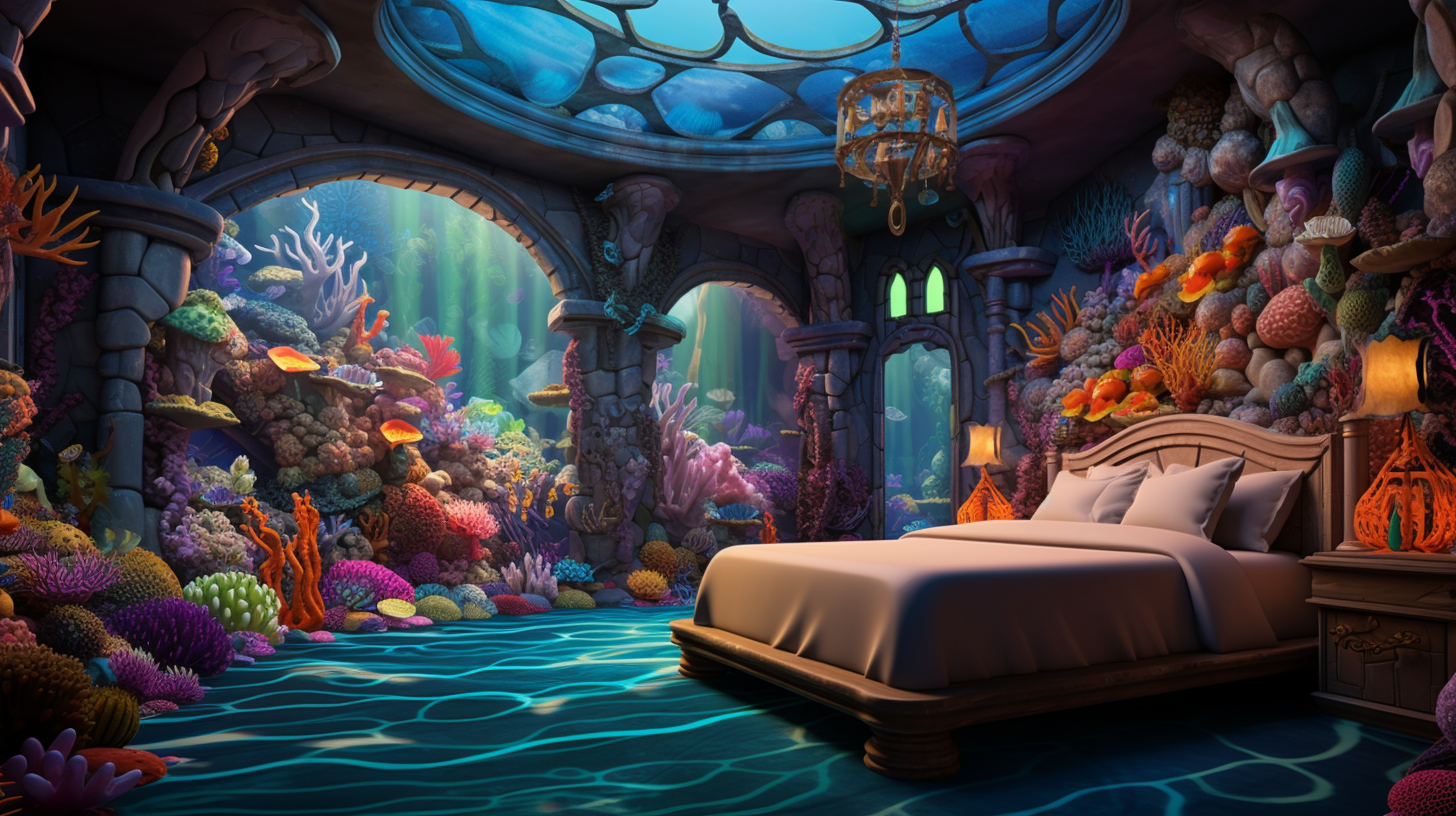 Colorful underwater castle bedroom with king bed