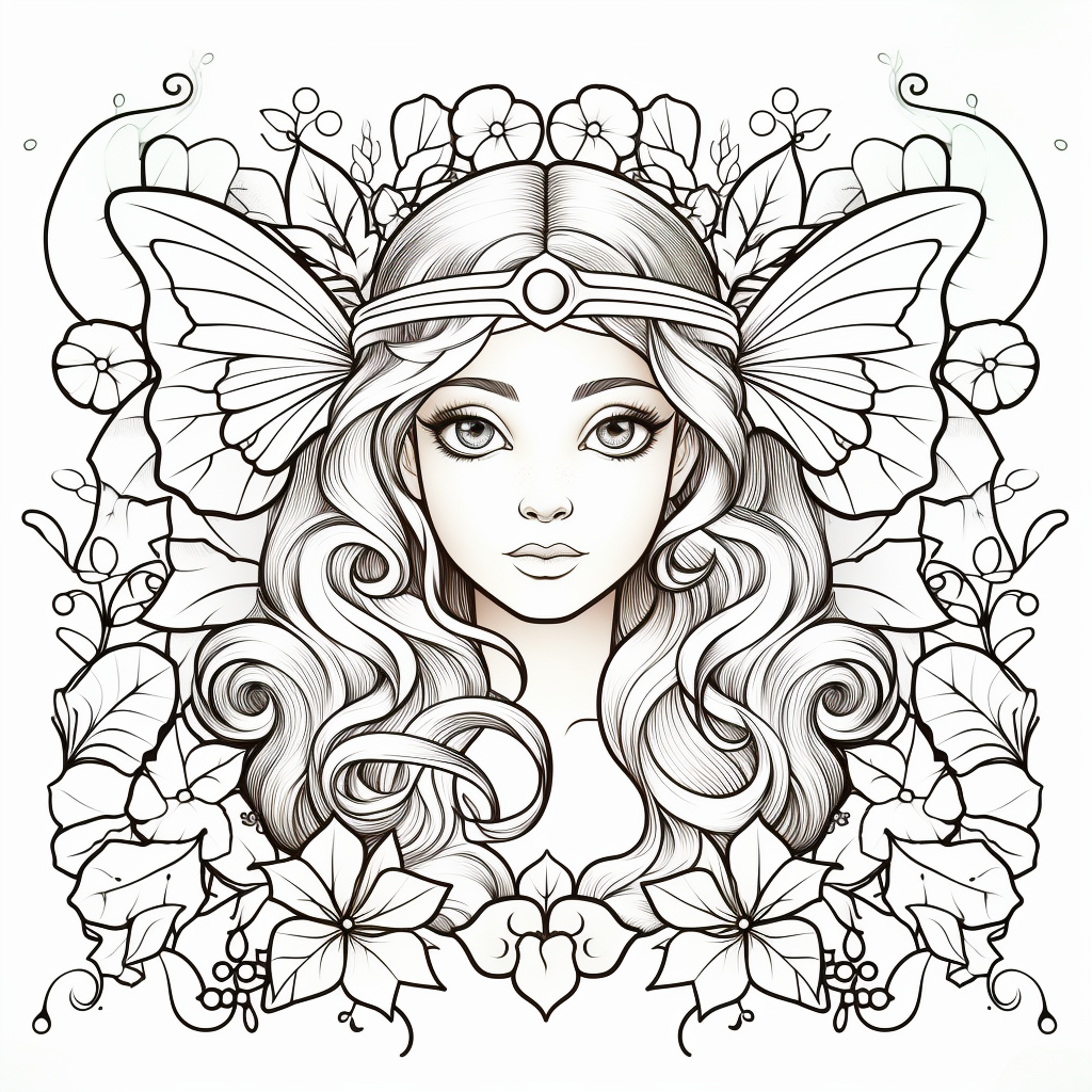 Coloring book elf with leaves, butterflies, and flowers