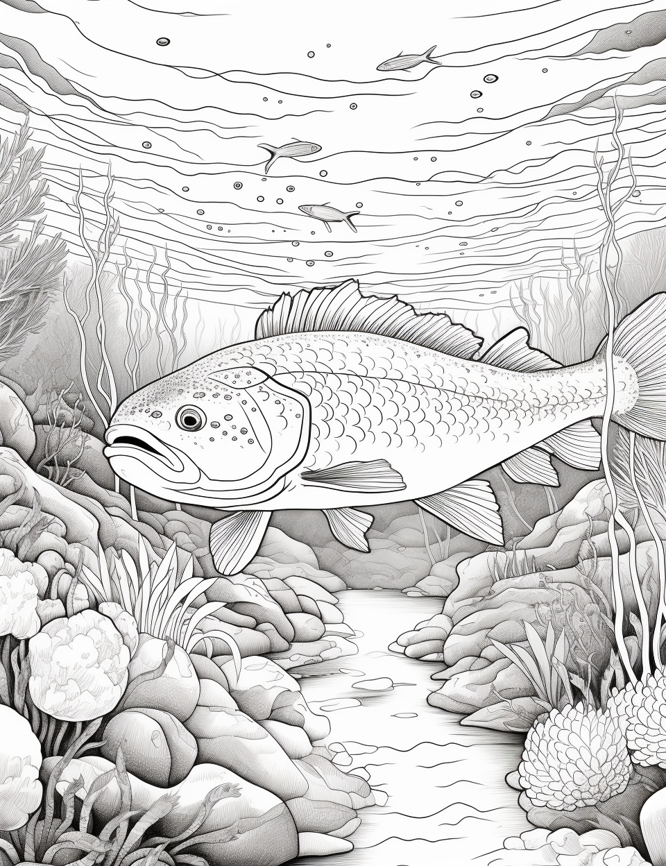 Trout swimming upstream in black and white