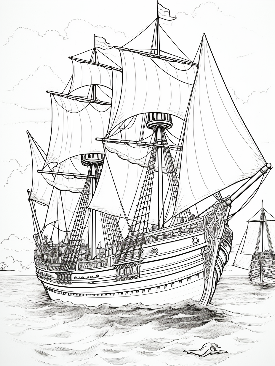 Engraving of coloring book ships on water