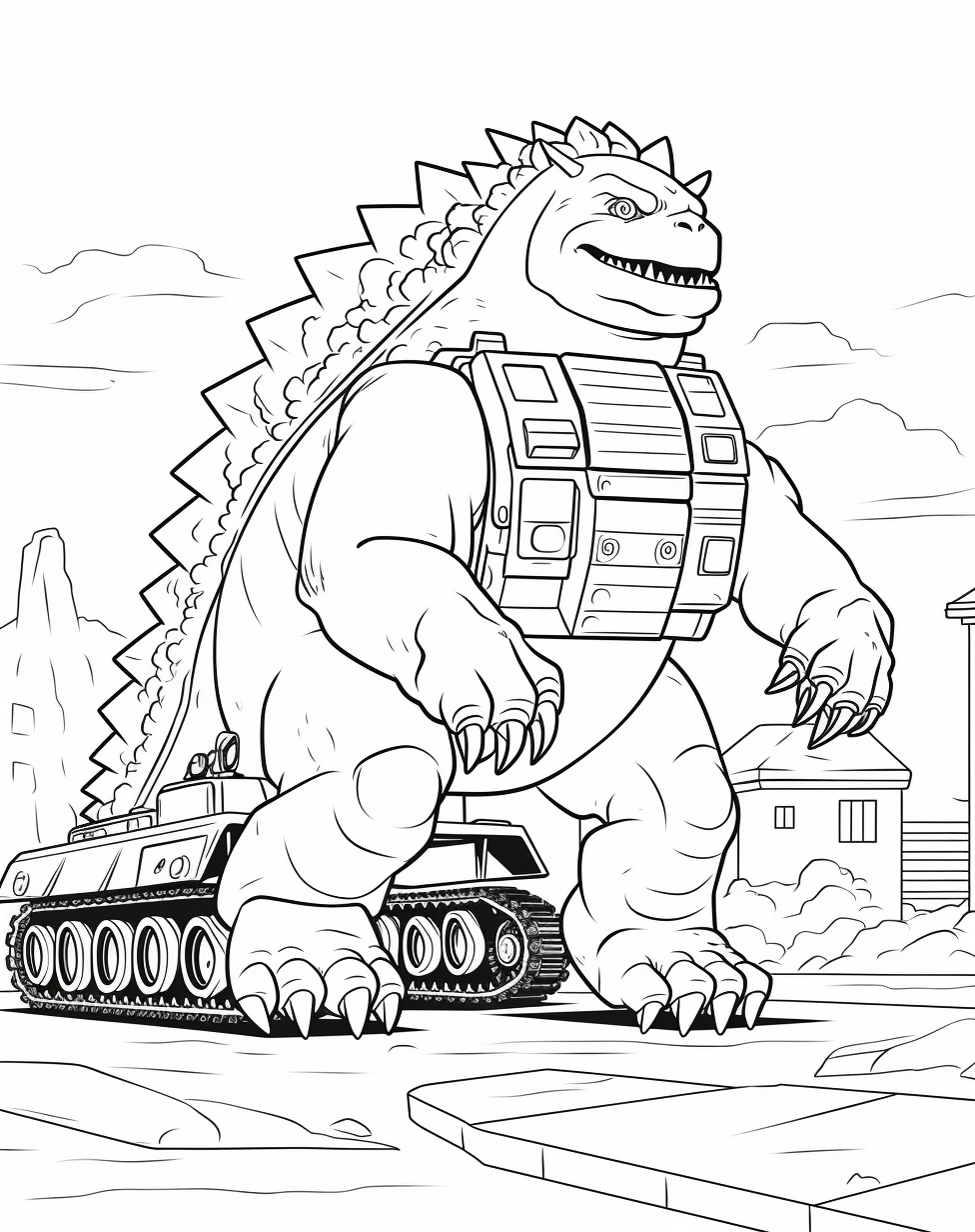 Godzilla Tanks Coloring Page White Background