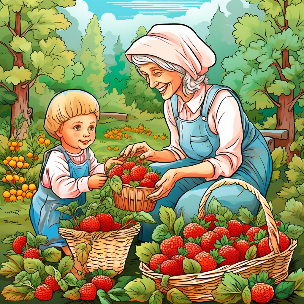 Kind Grandmother Teaching Granddaughter to Pick Strawberries