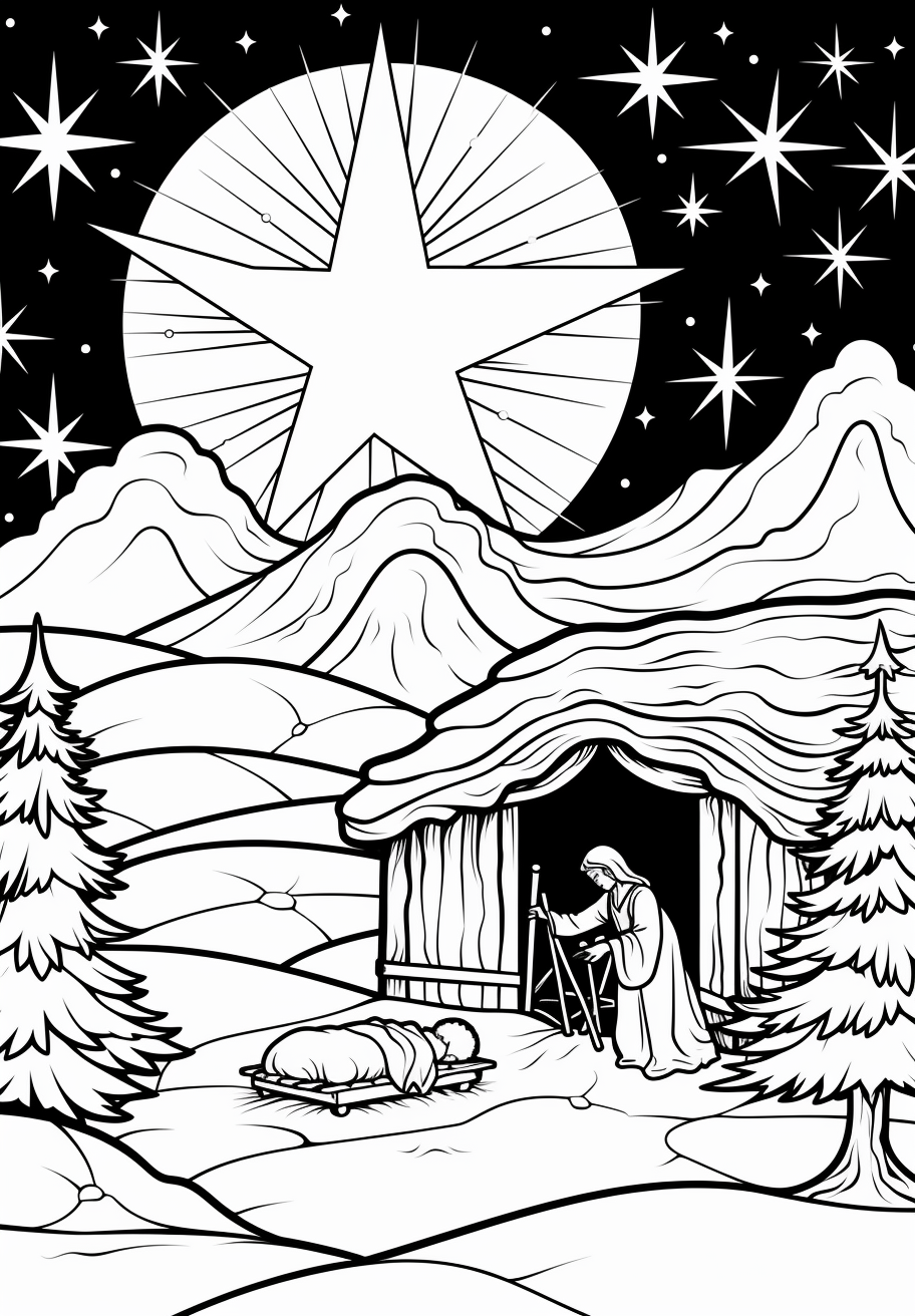 Manger under Night Sky Coloring Page