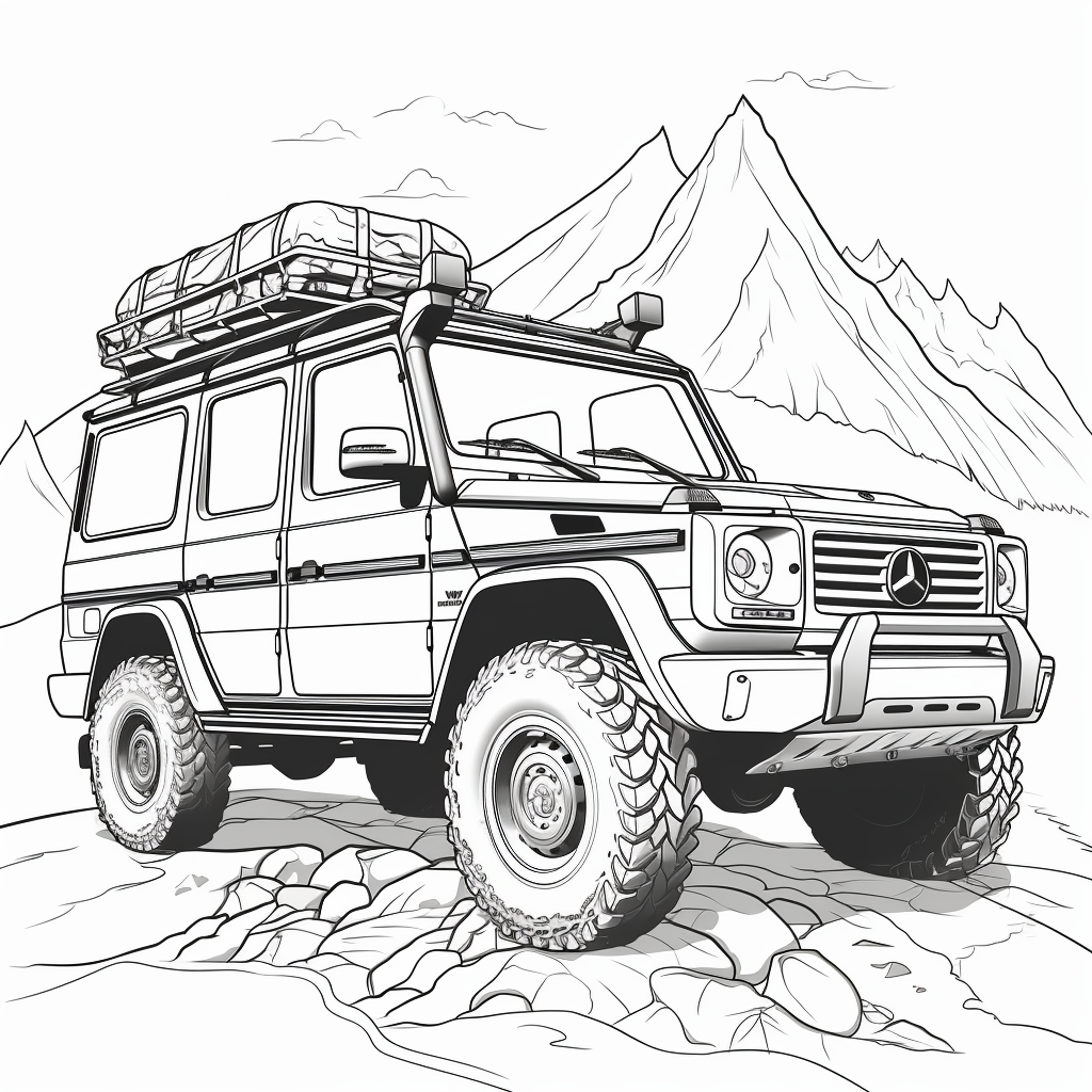 coloring page with mountains and G Class Mercedes