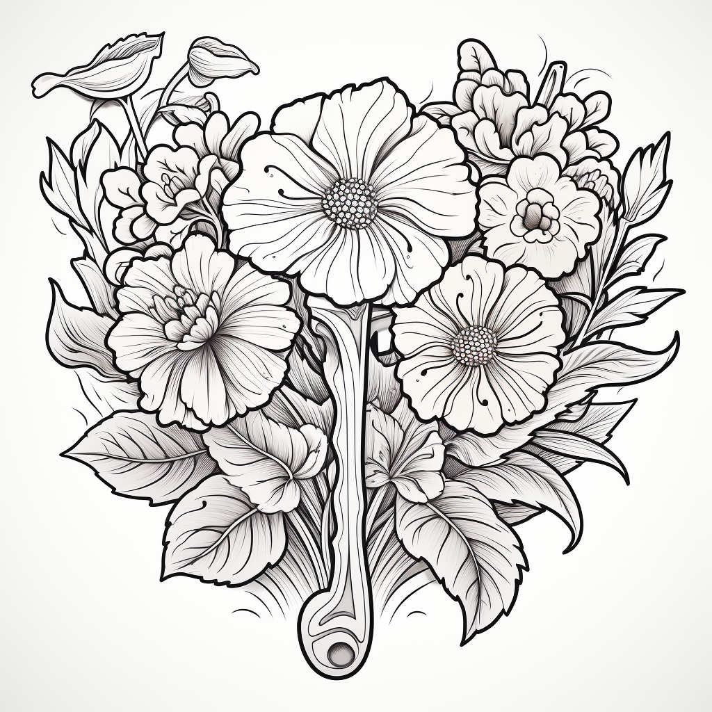 Coloring sheet with a wrench and a marigold flower