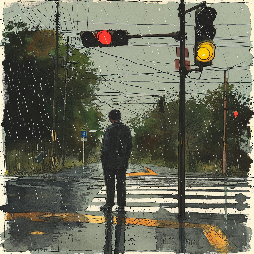 Colorized ink drawing of man at crosswalk in rain