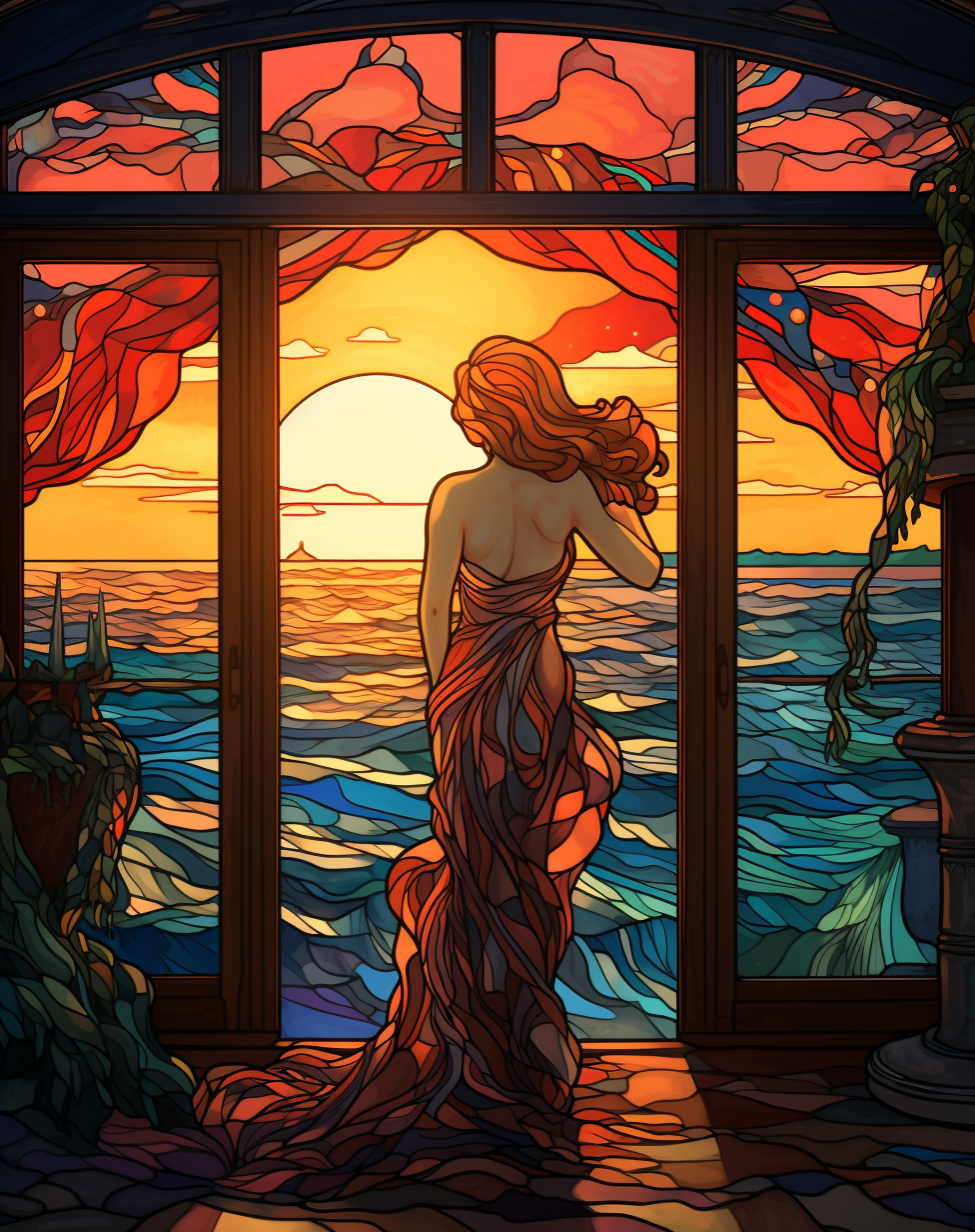 Graceful mermaid on seashore at sunrise