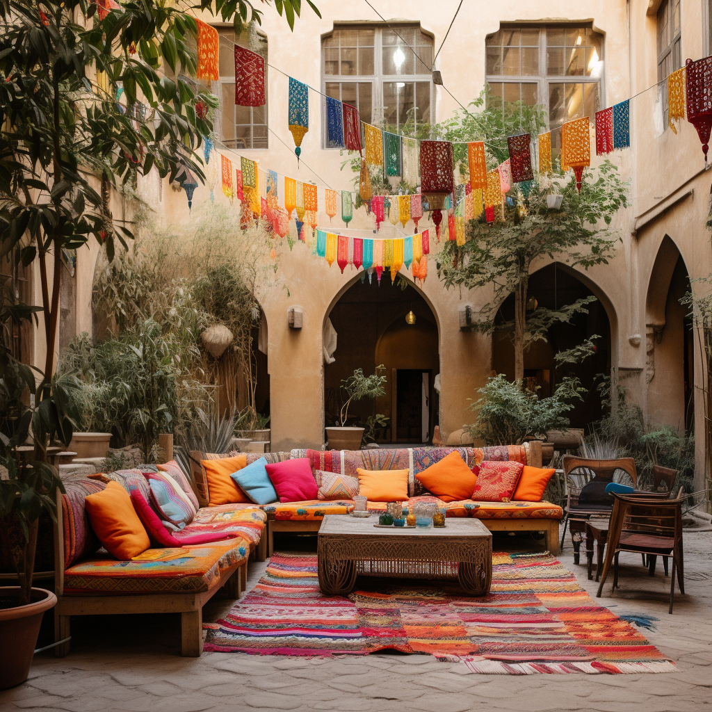 Colorful Arab Courtyard with Rugs and Tapestries