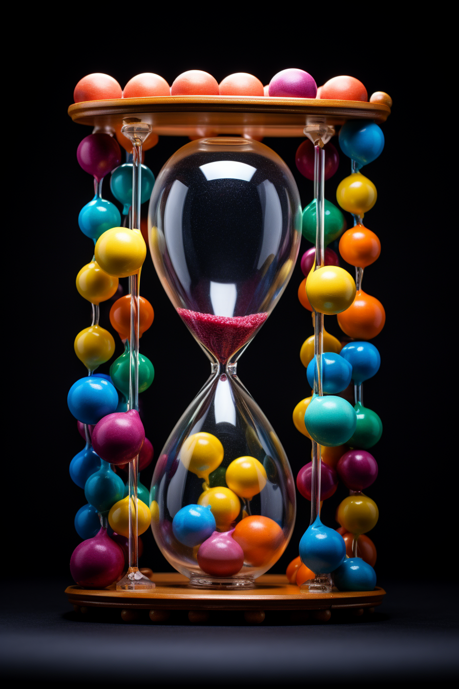 Colorful bouncing balls in sandglass collage