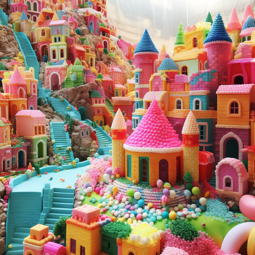 Vibrant bubblegum village artwork