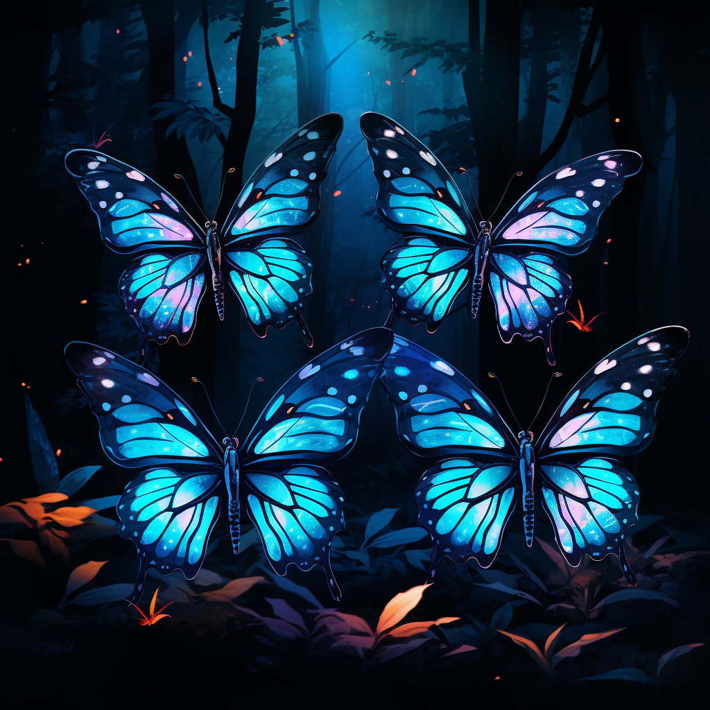 Colorful Butterflies with Neon Blue Veins in Forest