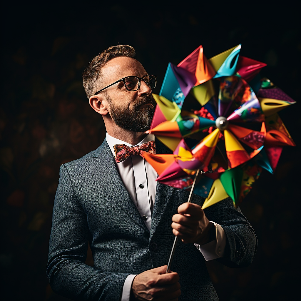 Man in suit holding a colorful children's windmill