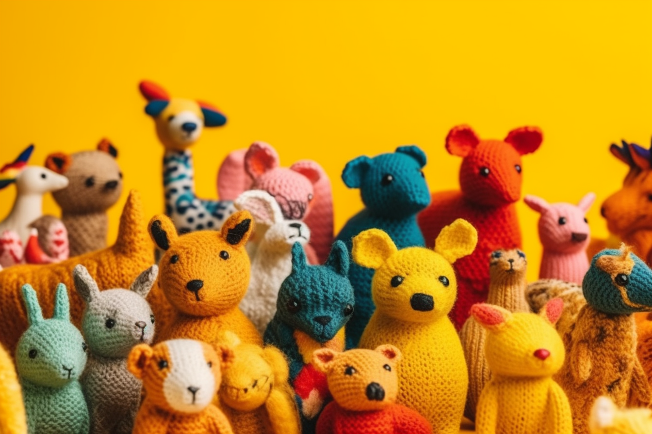 Colourful knitted animals on yellow background