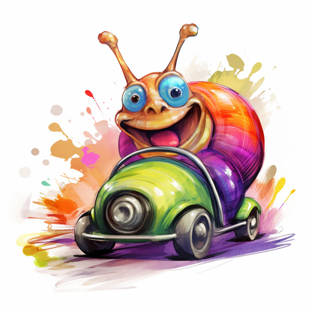 Colourful sketch of a snail in a go-kart laughing