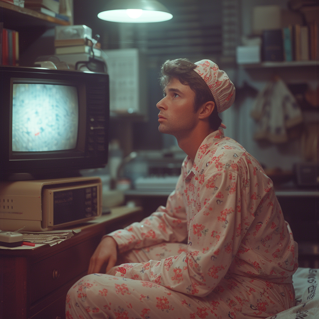 Comedian in pajamas, 1960s ad magazine photo