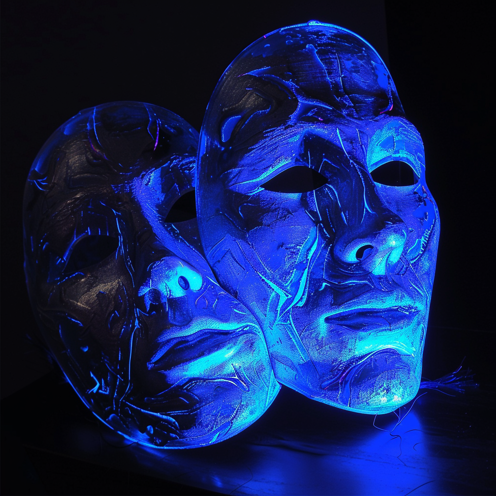 Comedy tragedy masks glowing blue