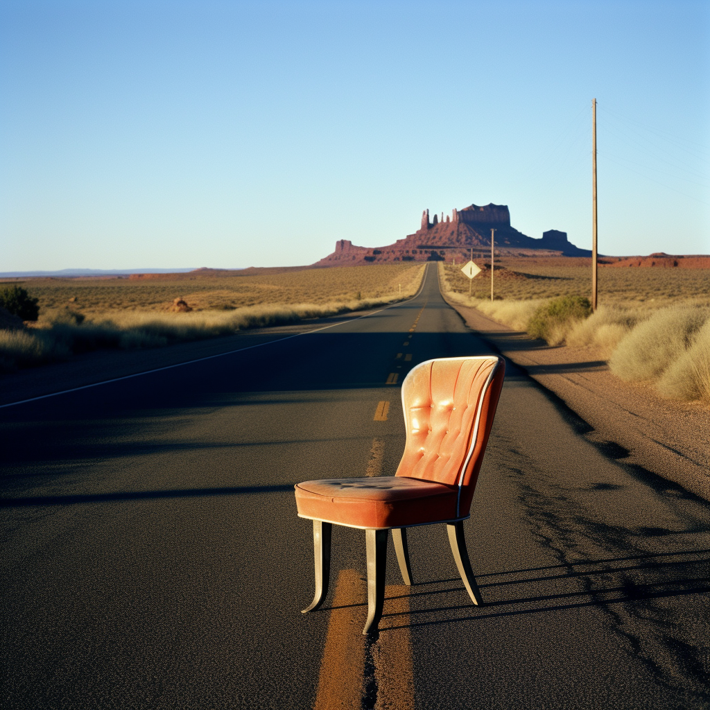 Comfortable chair on straight road in Monument Valley