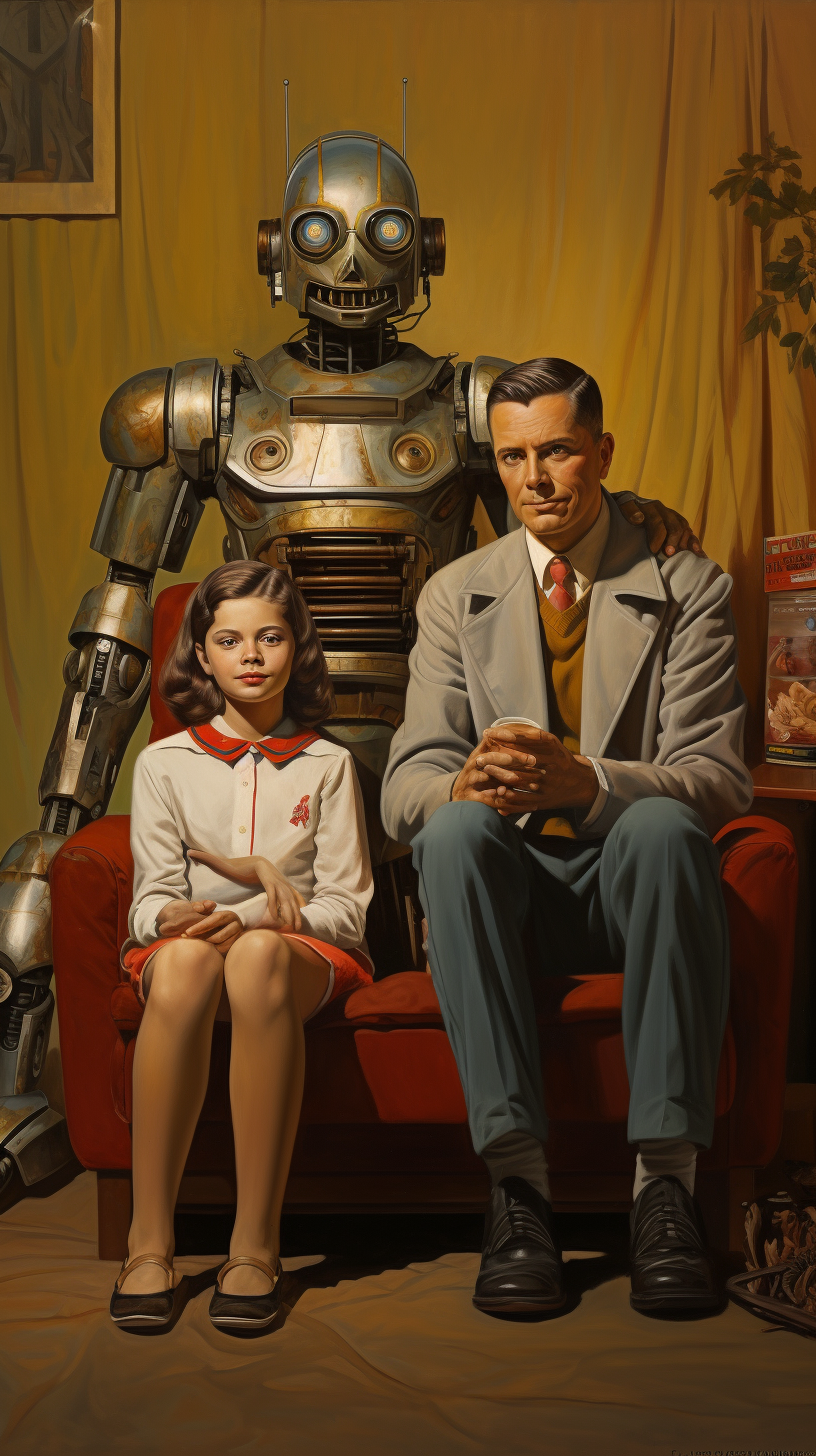 Colorful comic book cover with robot children family.