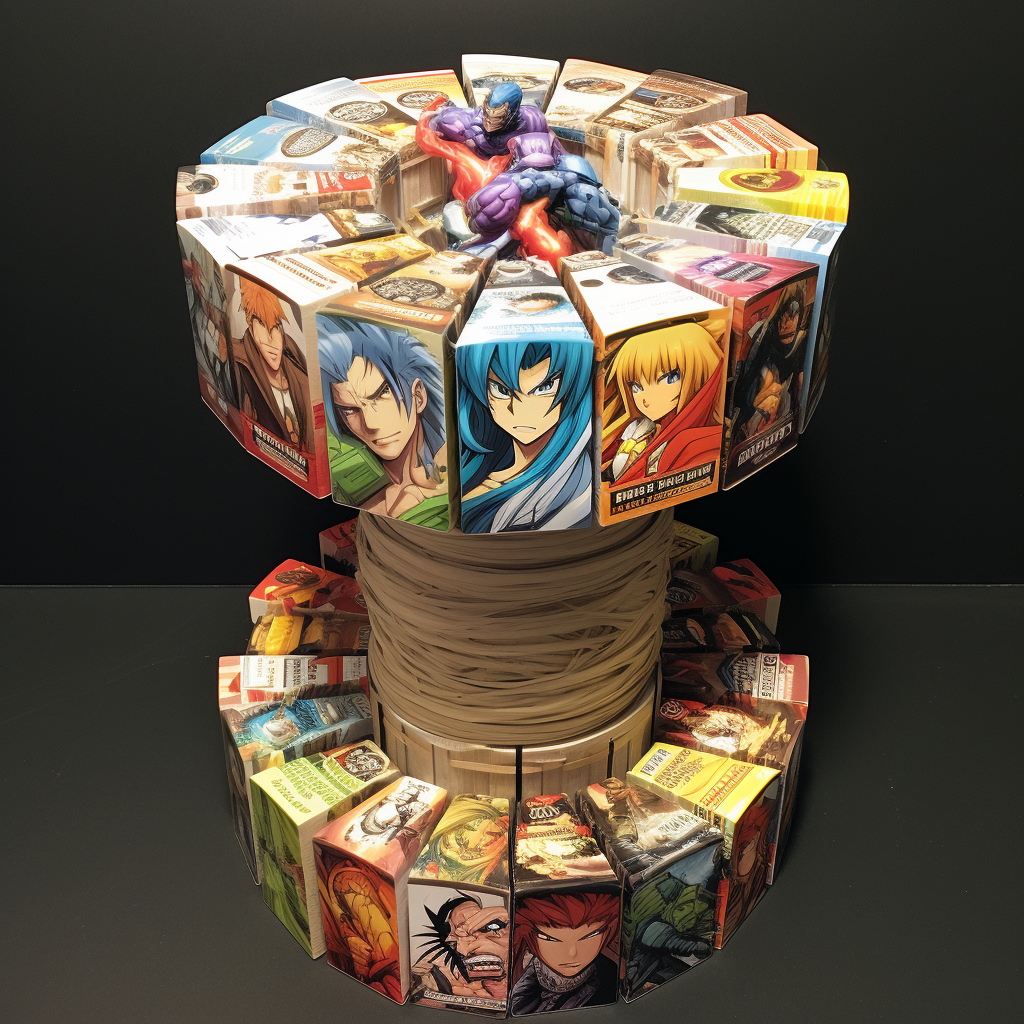 Stack of comic books surrounded by anime figurines and dice