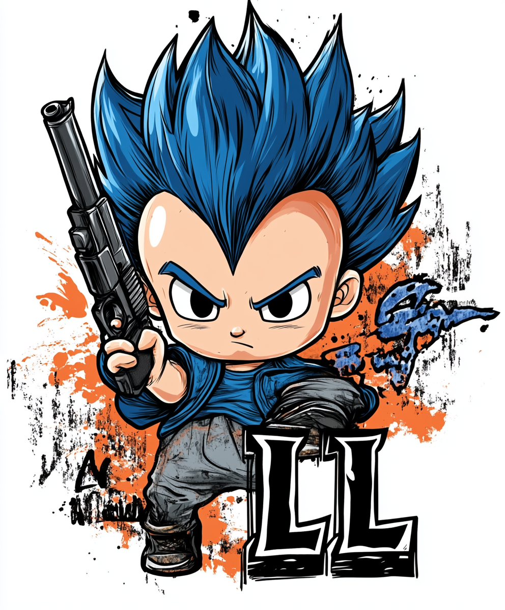 Cartoon baby with blue hair and gun