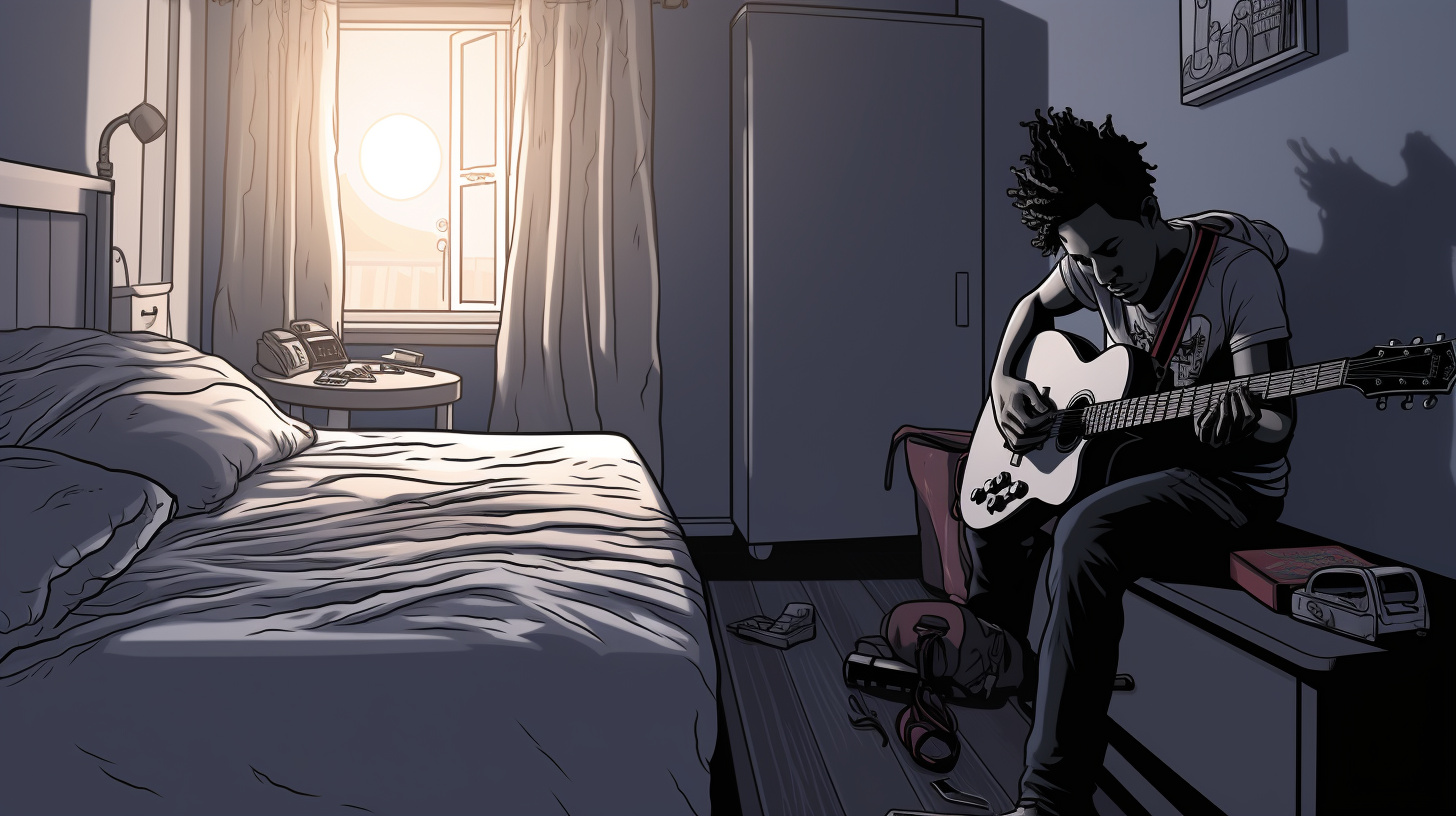 Comic style drawing of bedroom with black musician playing guitar