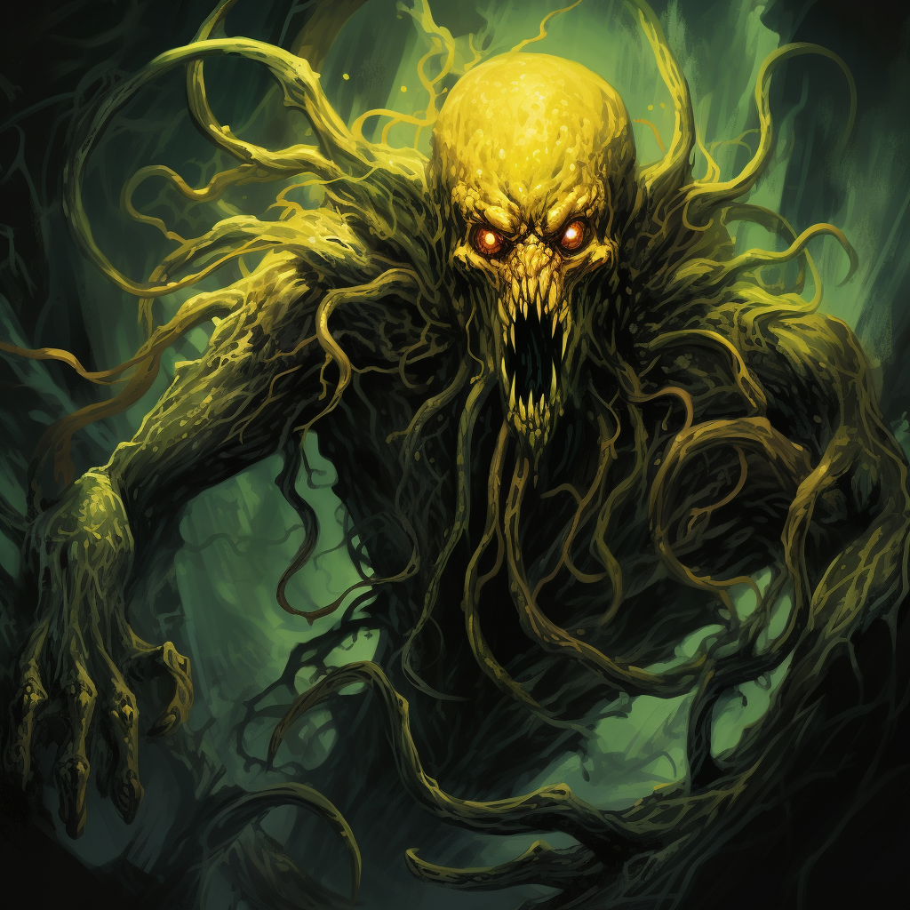 Comic-style Eldritch Lovecraft monster with yellow eyes and sharp teeth