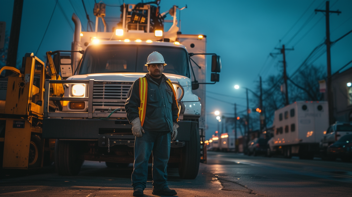 commercial electrical contractor in front of trucks uplight