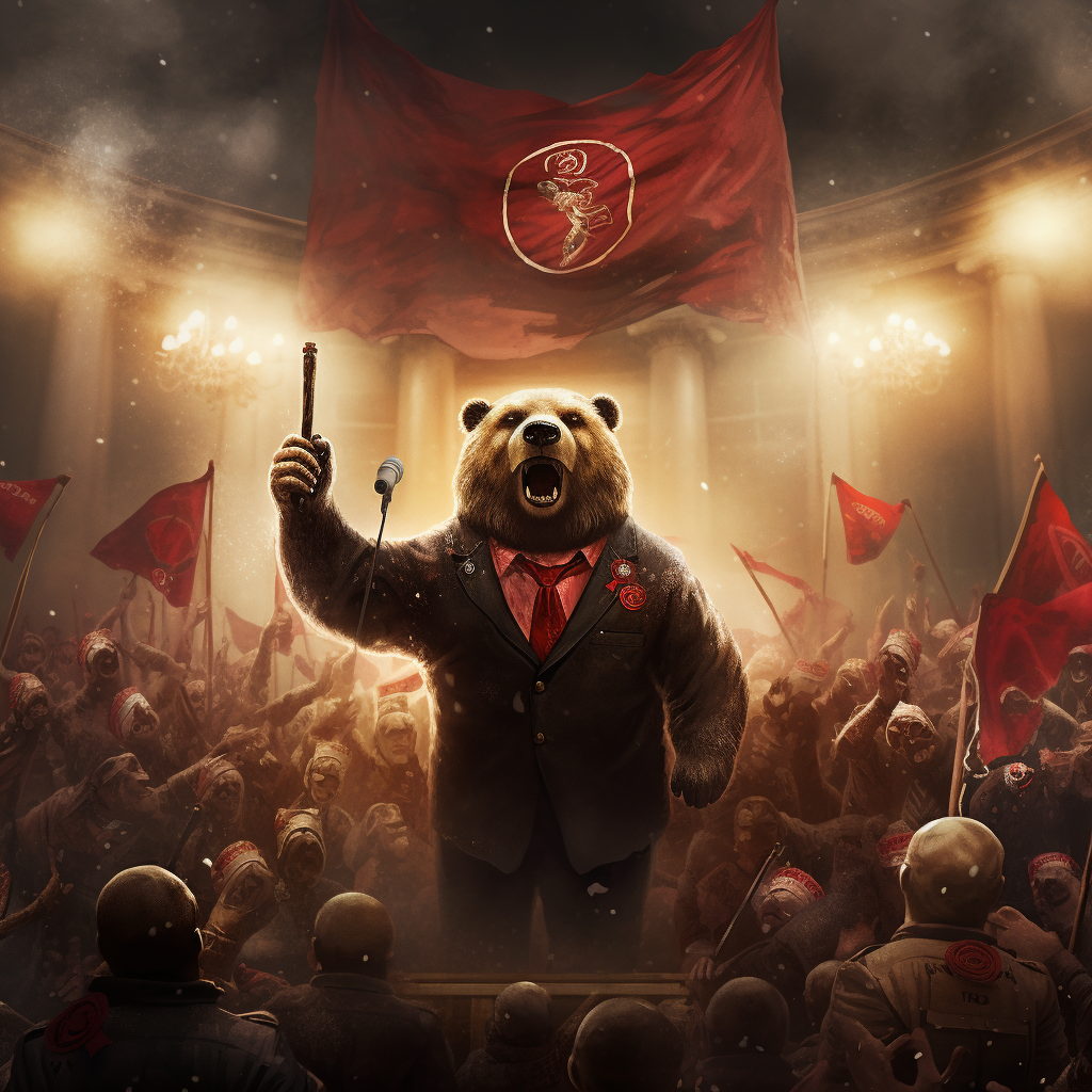 Hyper realistic Communist bear politician in a suit with hammer and sickle badge