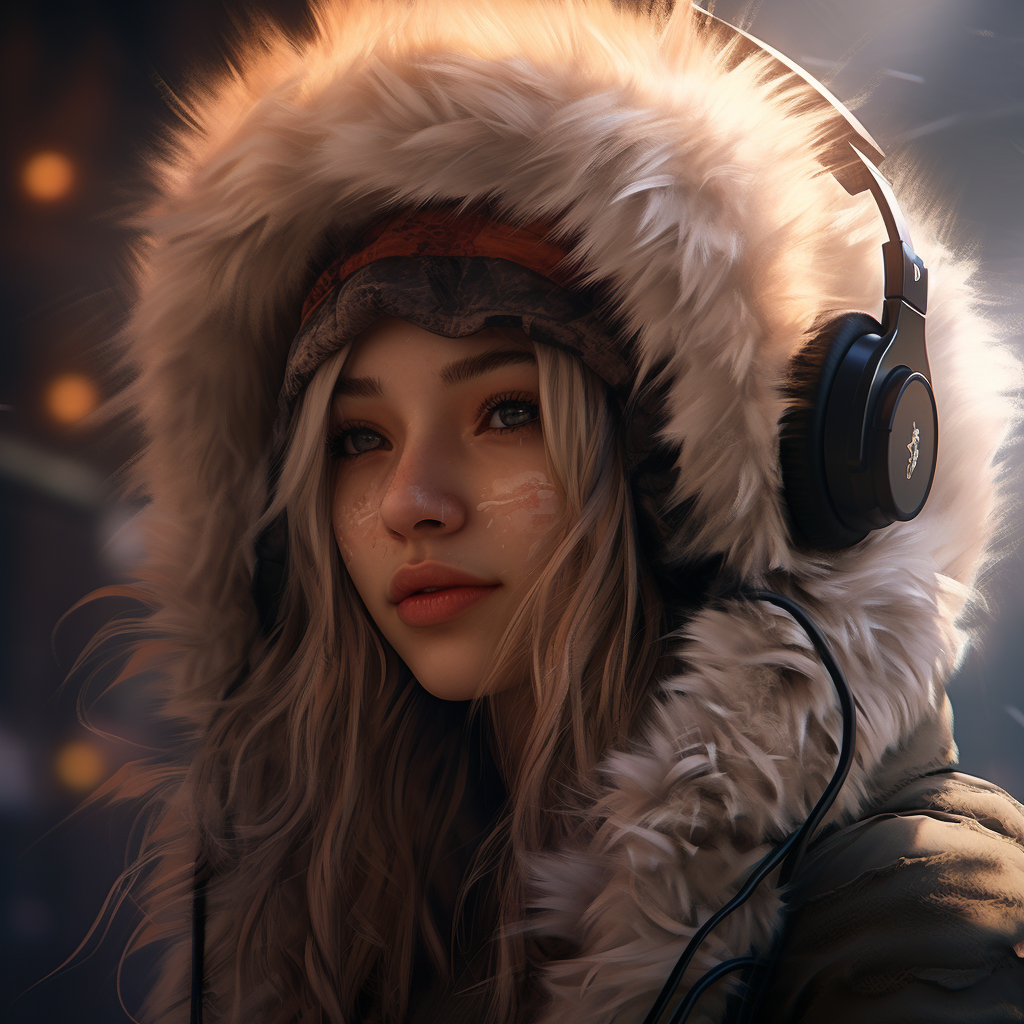 Stylish gamer girl with fur hat and headphones