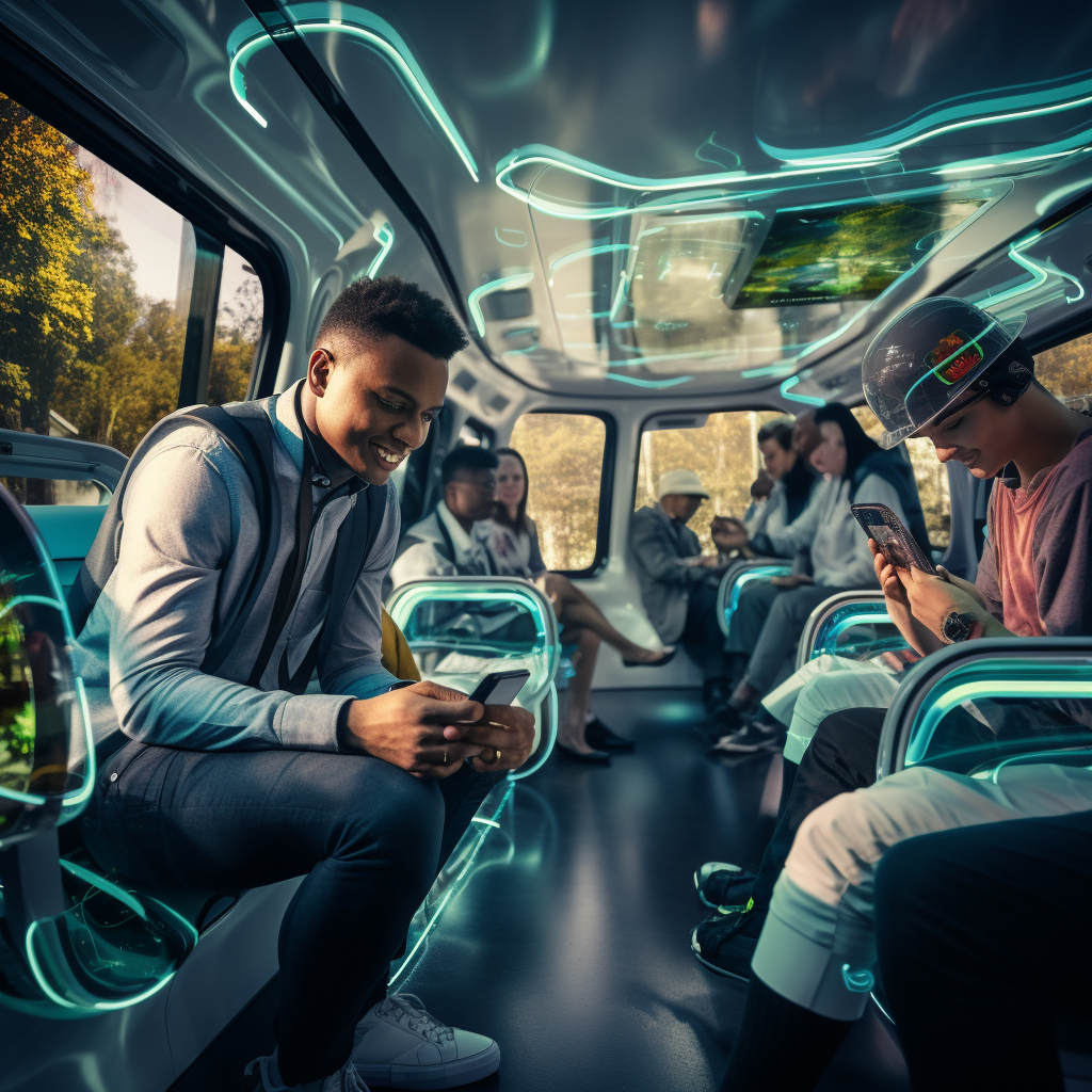 Diverse commuters exercising inside futuristic London autonomous bus