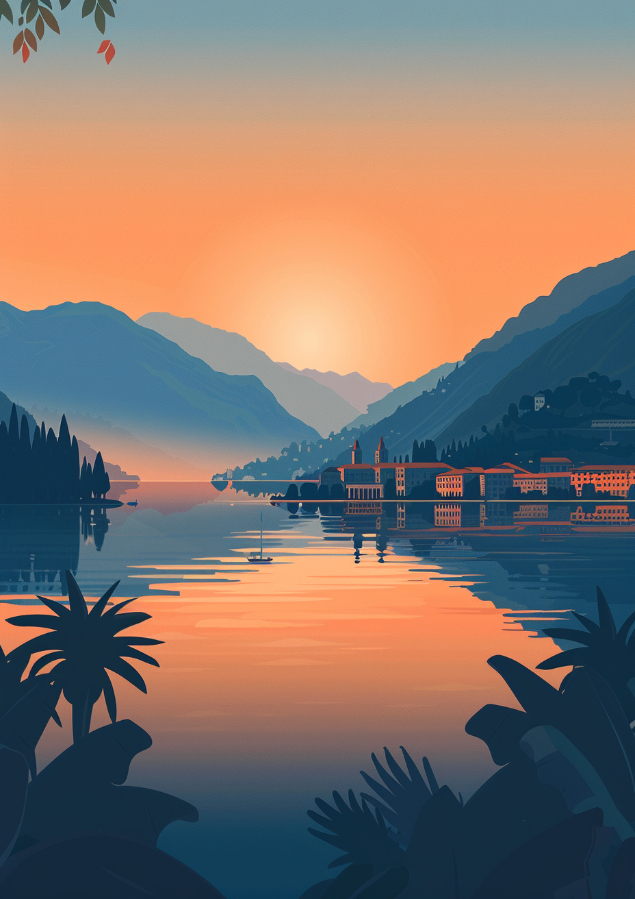 Modern Lake Como Sunset Illustration