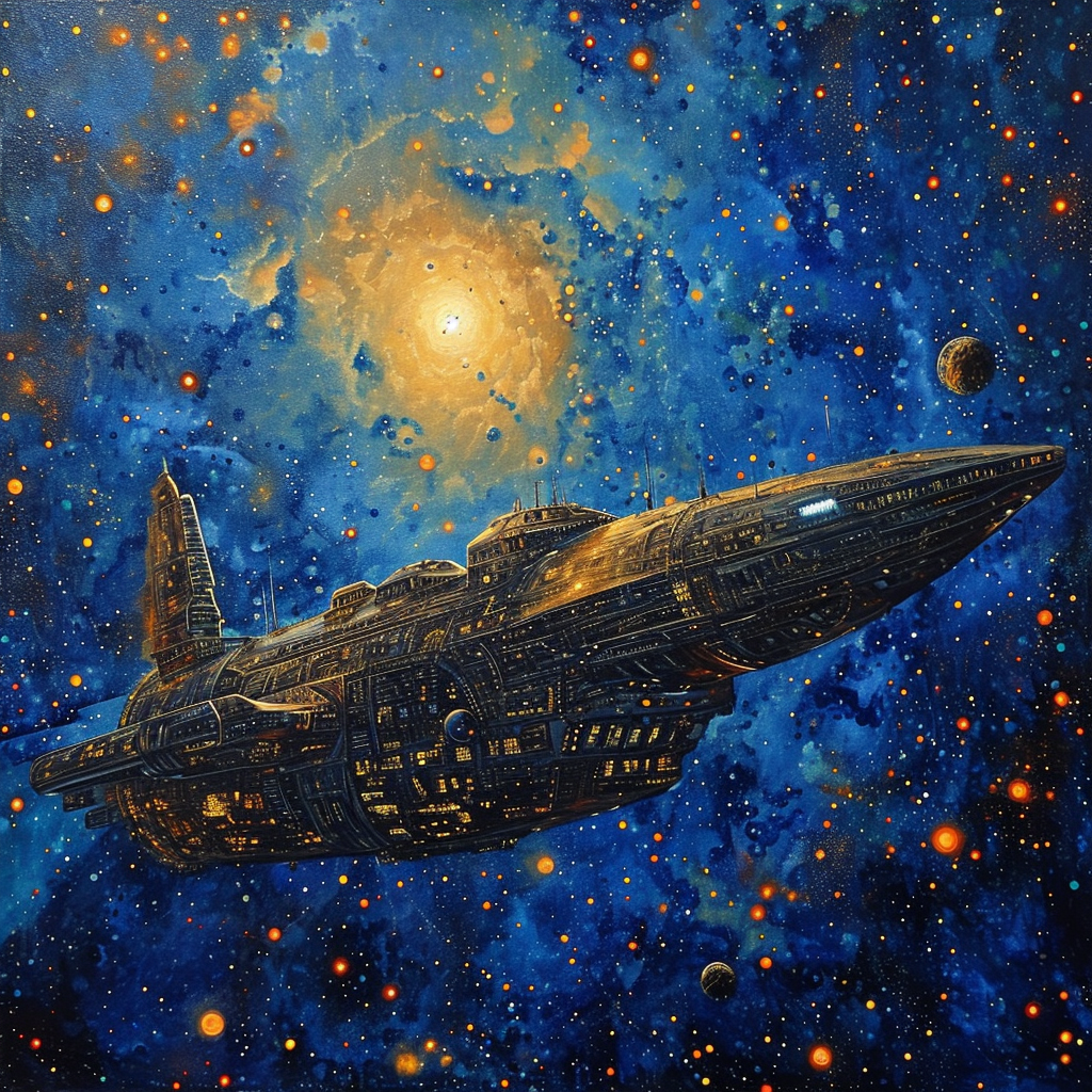 Stunning complex starry night space ship art