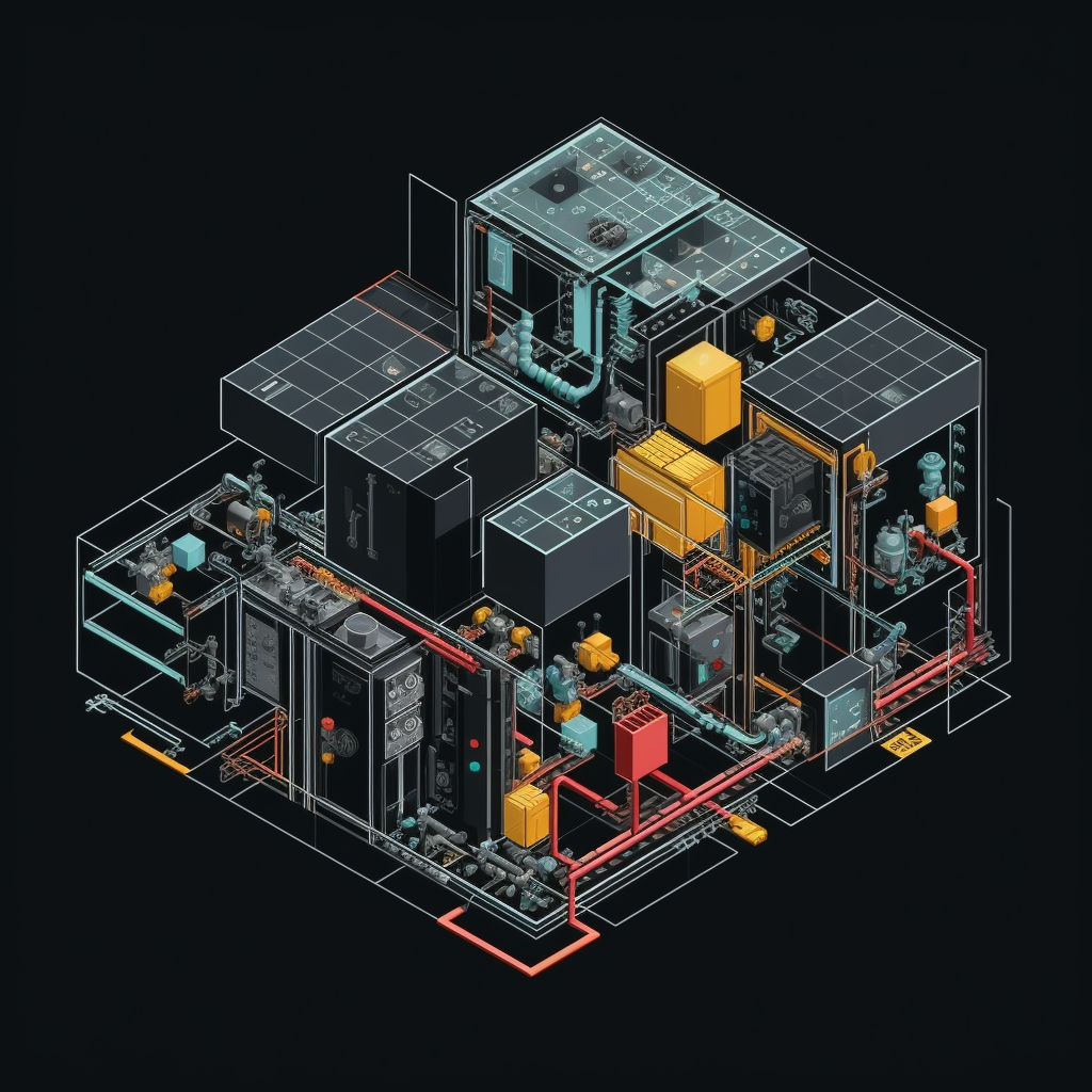 Isometric exploded diagram of complex machine