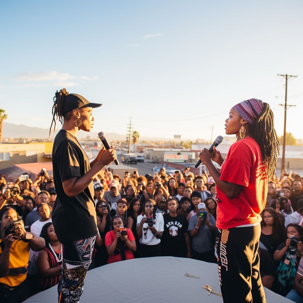 Two African American female rappers in intense battle