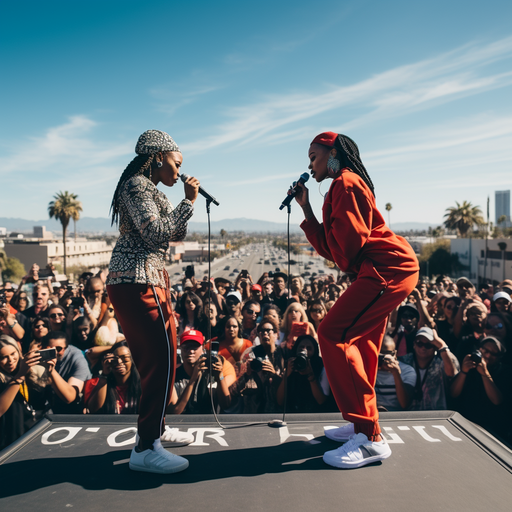 Two African American female rappers in Compton-style attire