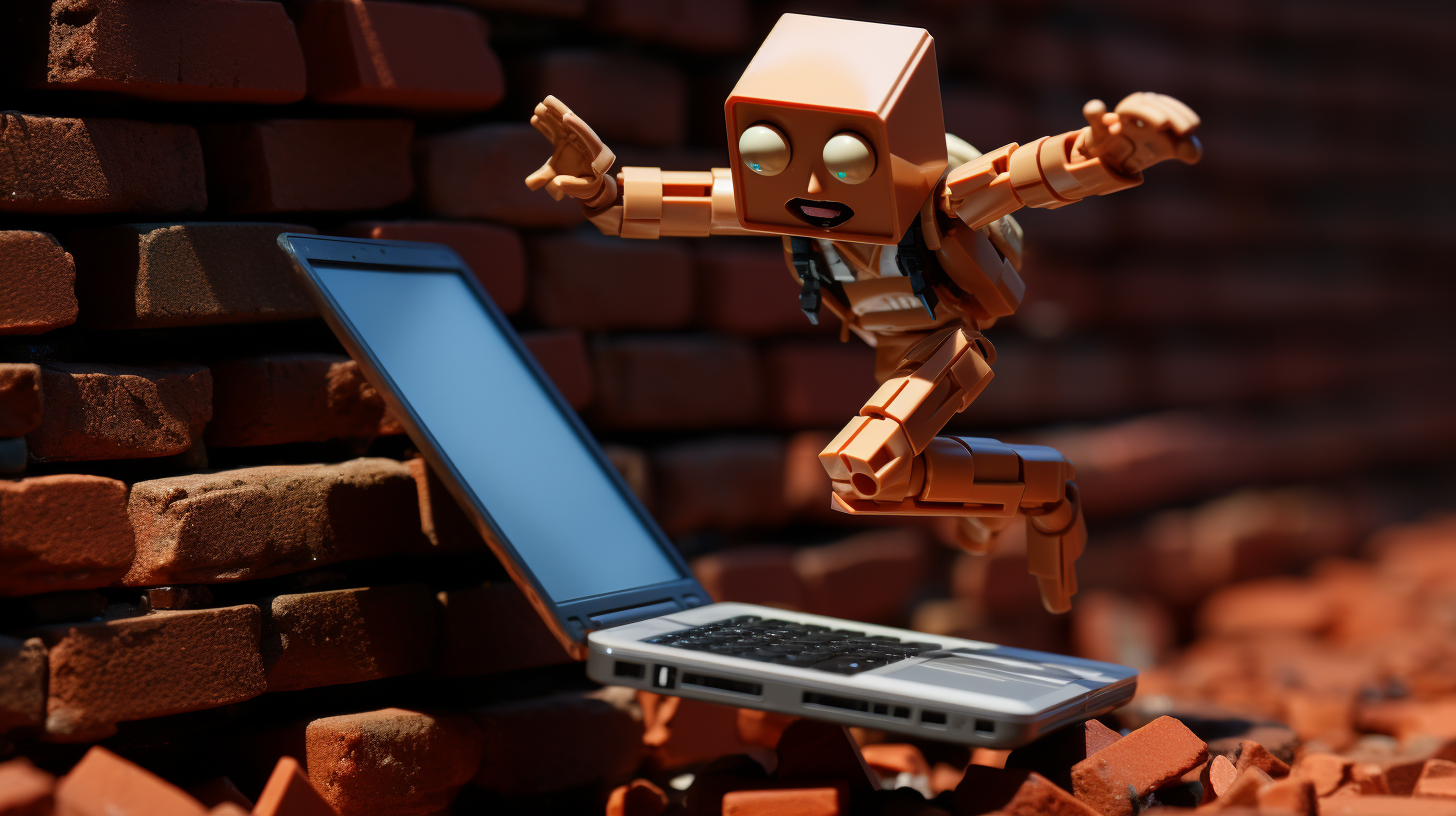 Computer with arms and legs coming out of red brick wall