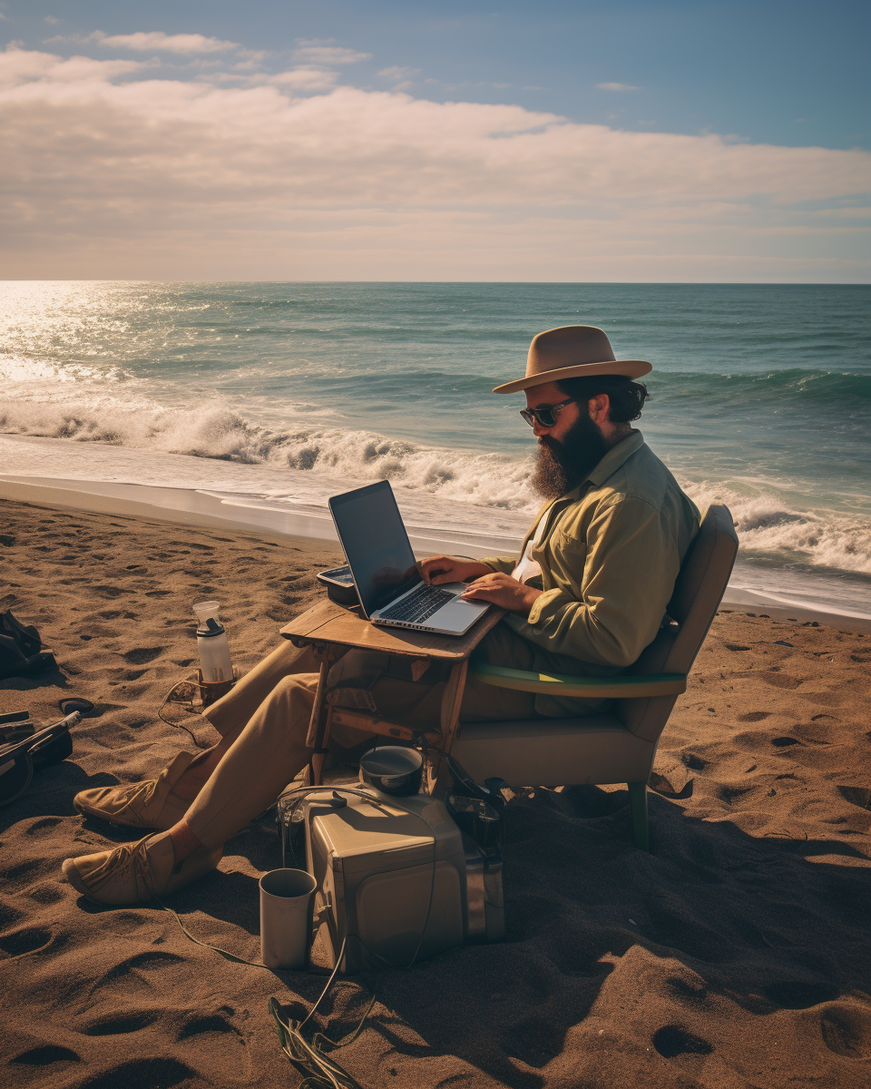 Woman working on laptop at beach